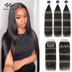 Unice hair Free Shipping Peruvian Virgin Hair With Closure 3 Bundles Peruvian Straight Hair Wefts 12A Grade Peruvian Middle Part