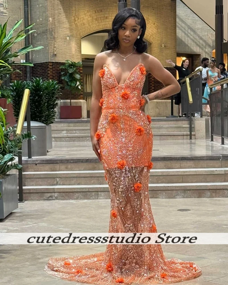 Charmante oranje handgemaakte bloemen avondjurken voor Nigeriaanse vrouwen luxe kralen bruiloft feestjurk prom jassen aangepast