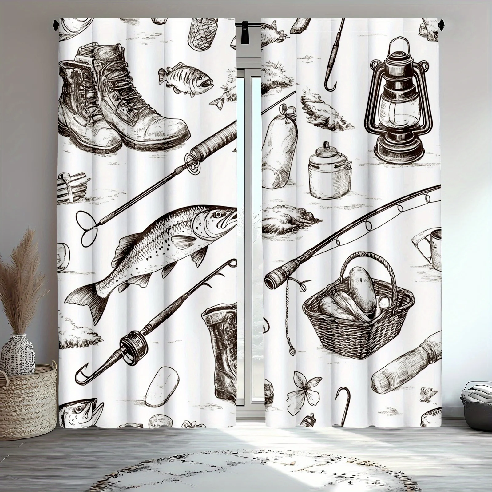 Rustic Fishing Gear Illustration Curtain Window Shower Curtain Bathroom Man Cave Decor Nautical Cabin Cottage Boho Polyester Tap