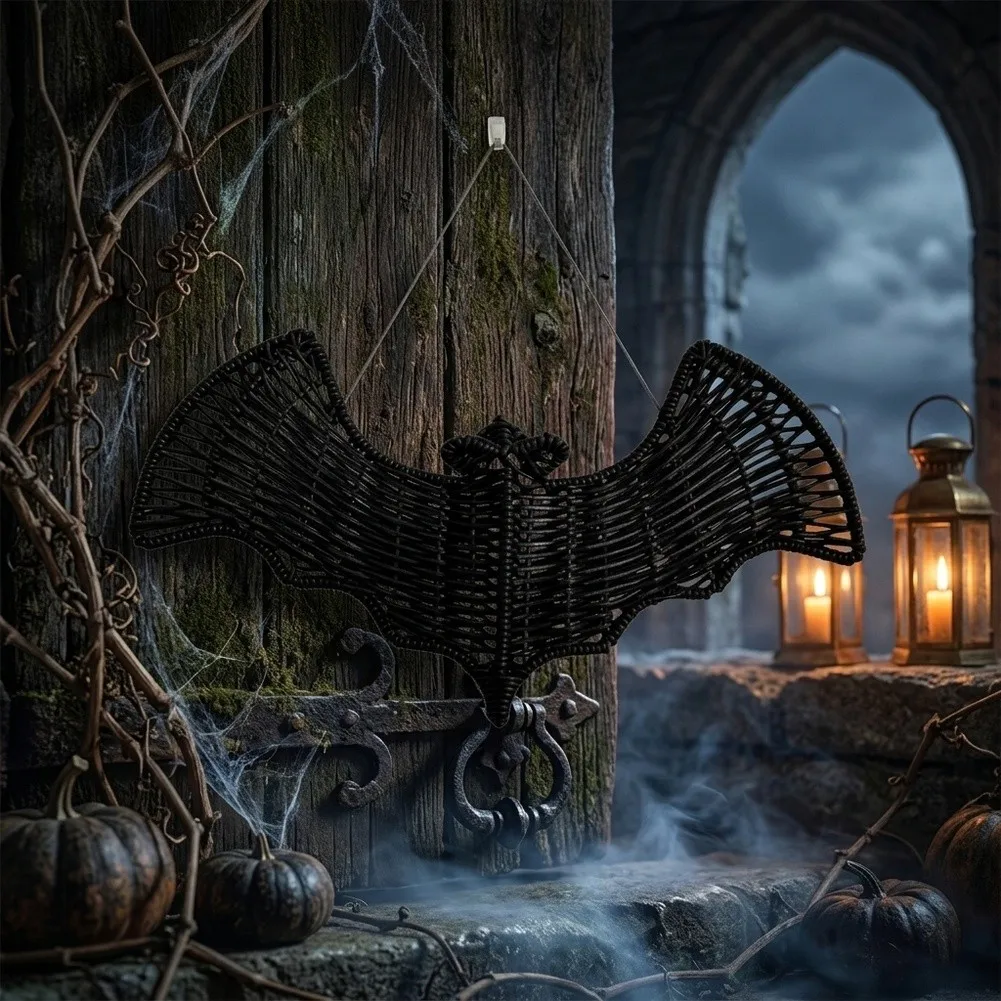 Spooky-Themed Hanging Devil Bat Decor with Rustic Woven Design to Enhance For Halloween Ambience in Any Interior Space