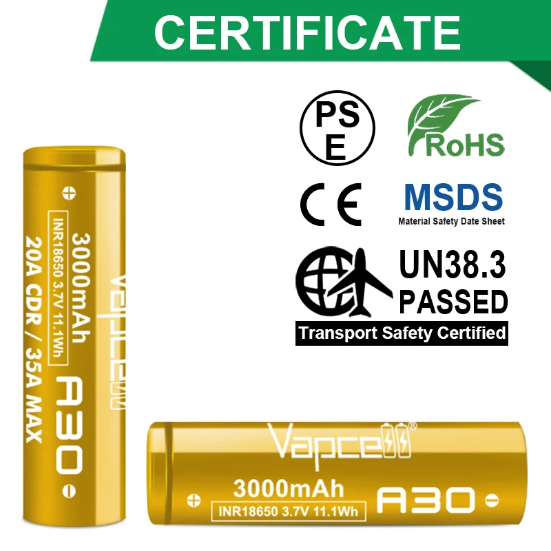 New Release Vapcell A30 18650 Battery 3000mah Real Capacity INR18650 3.7V 35A Rechargable Batteries For Battery Packing Cell