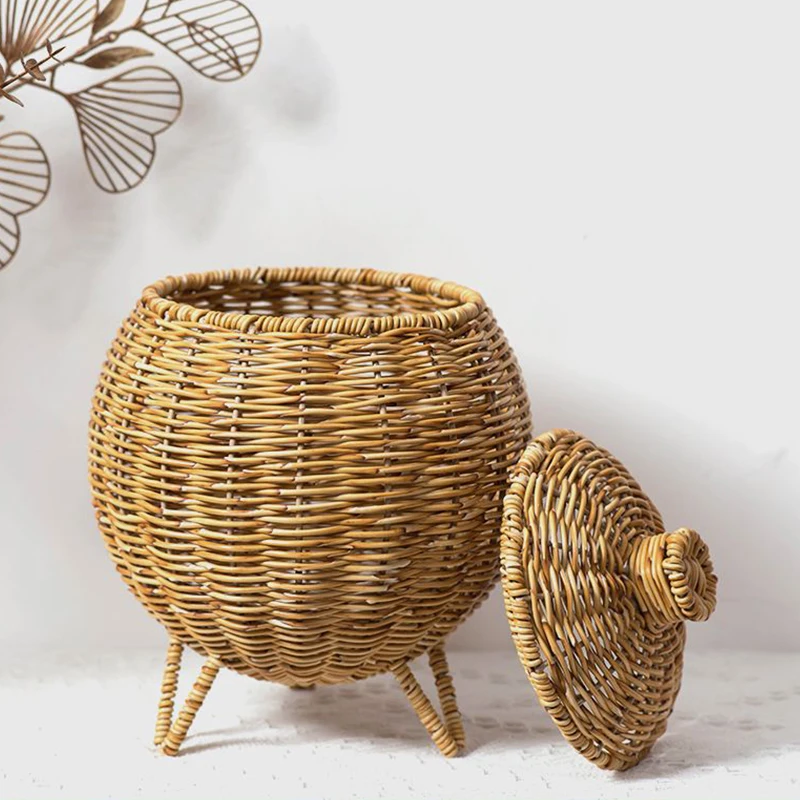 Imitation Rattan Baskets With Lid Handwoven Flower Pot Planter Sundry Wicker Storage Boxes Home Organizer Plastic Box