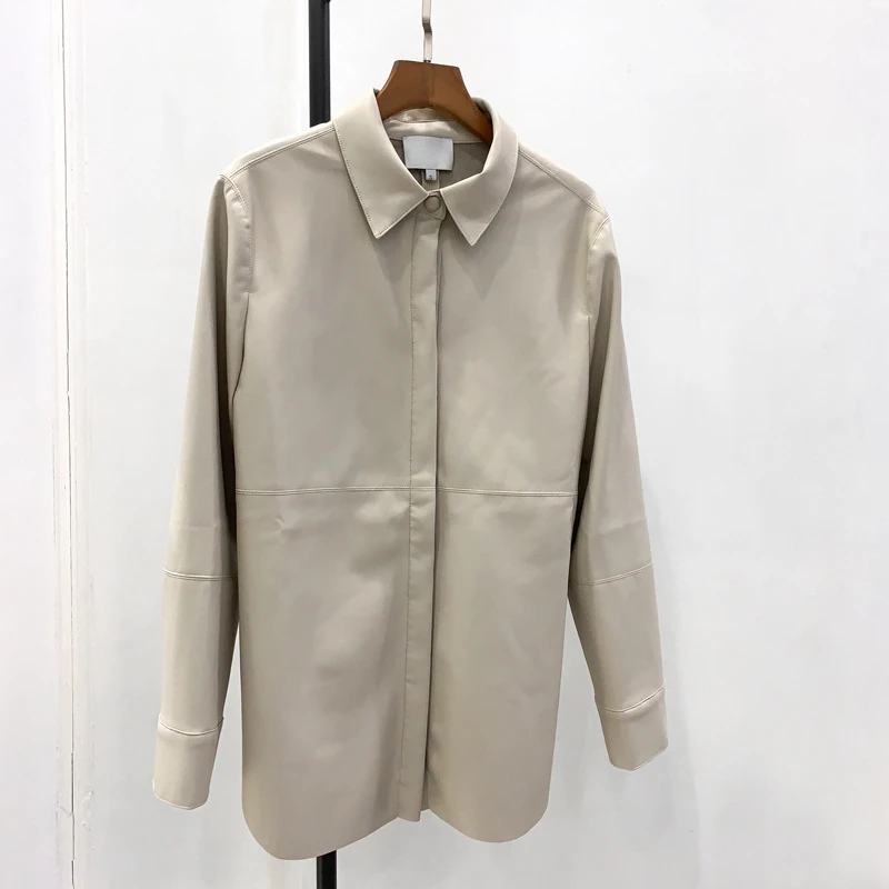 2023 Spring and Autumn Simple Commute Lapel Long Sleeve Single Breasted Shirt Leather Woman