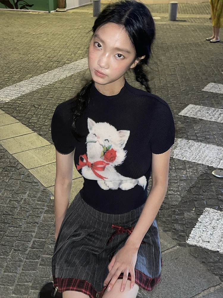 

Cute Print Folded T-irt f High Collar ort Sve Summer Casual Sle Polyester Fabric Rose Pattern Girls Top