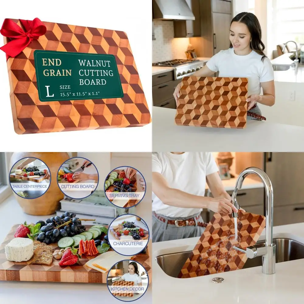 

Walnut Hardwood End Grain Chopping Block 15.5x11.5 - Kitchen Cutting Board with Non-Slip Grips, Ideal for Charcuterie and Precis