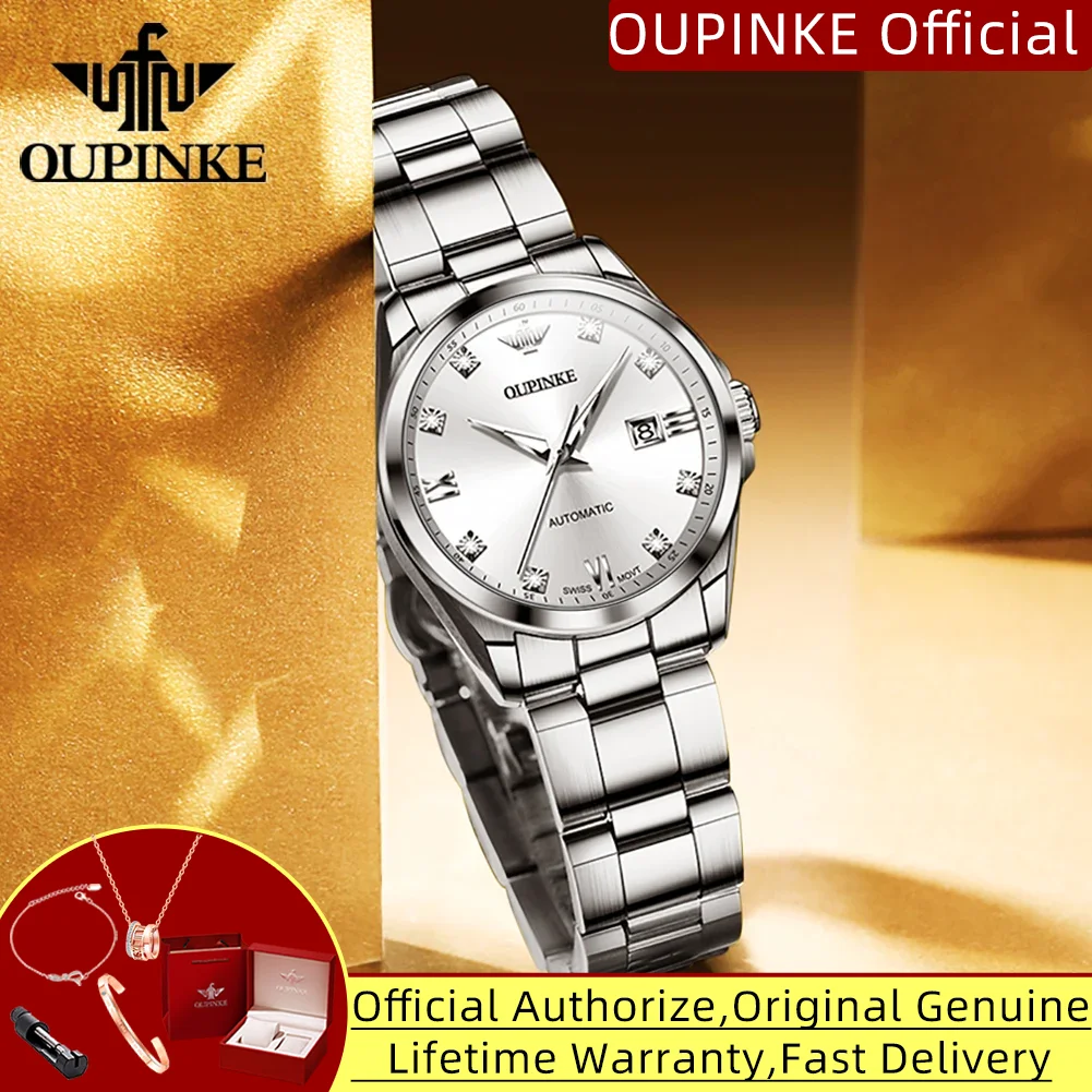

OUPINKE 3199 Real Diamond Swiss Movement Automatic Mechanical Watch for Women Auto Date Hand Clock High-end Luxury Ladies Watch
