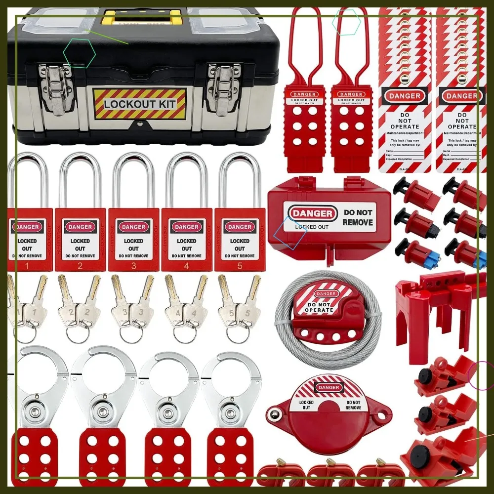 

Lockout Tagout Kit: Clamp-On Circuit Breaker Lockout, Group Lockout Hasps, Universal Multi-Pole Breaker with Tool Box