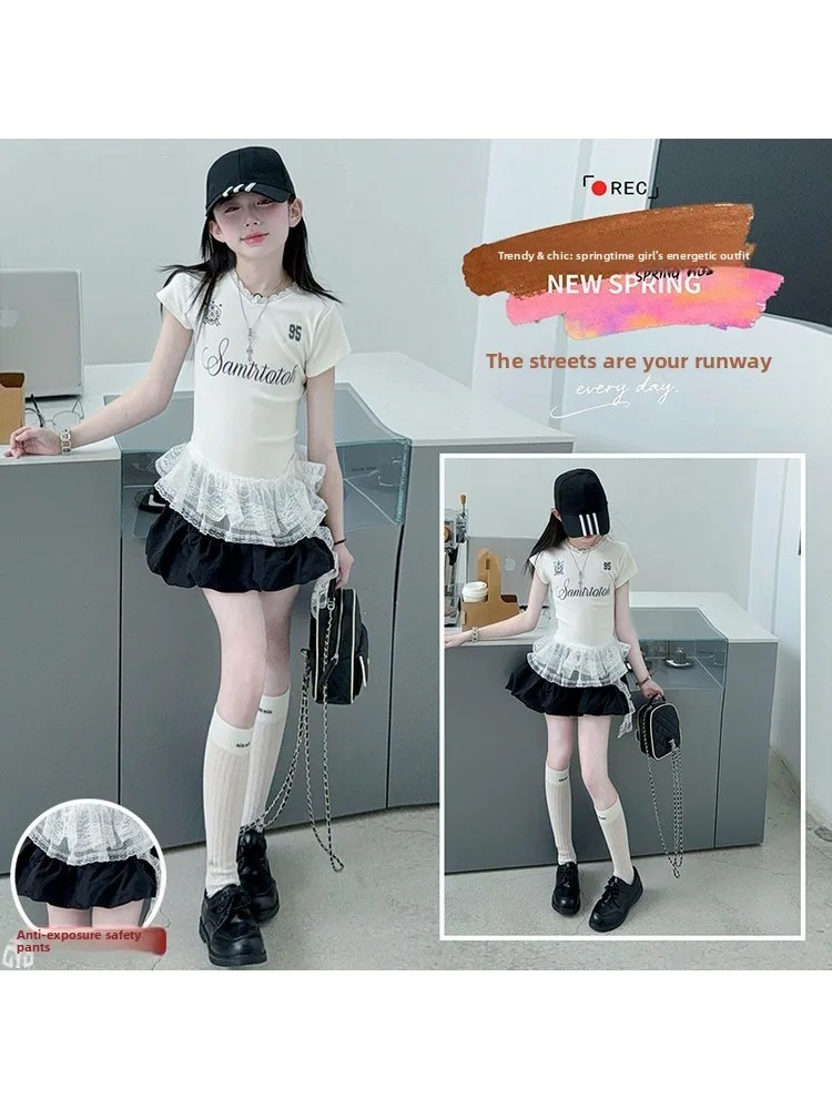 Summer Girl White Lace Patchwork Sweet Short-sleeved Black Culottes Two-piece Set  Children's Korean Style Personalized Clothing