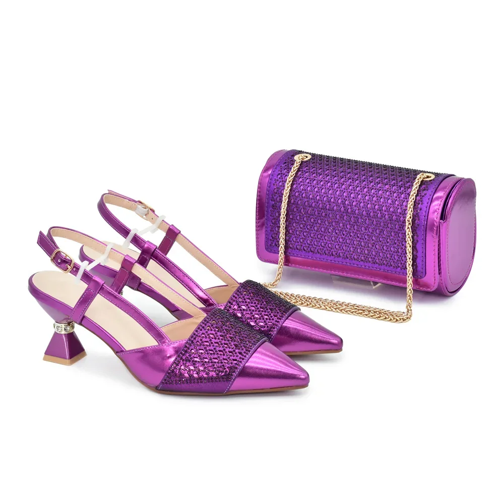 Fashion Women Italian Shoes and Matching Bags Sets Decorated with Rhinestone Fashion Party Shoes and Bag Match for Women