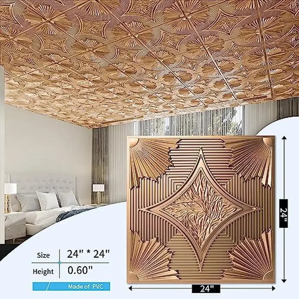 Paneles 3D Wainscoting 24x24 Azulejos de techo de bronce Paquete de 12 PVC Ligero Resistente al agua Instalación Pegamento 2x2 Ecológico