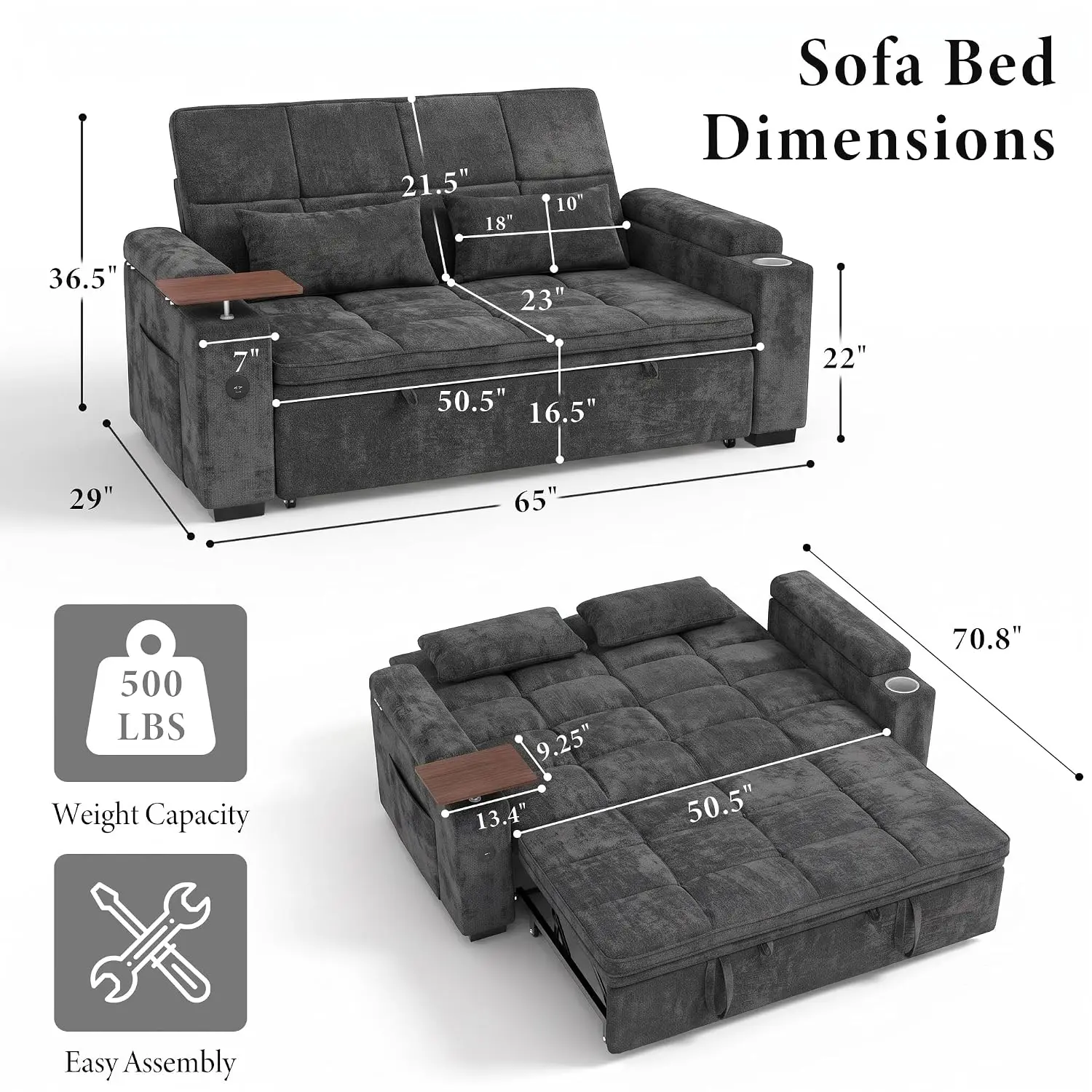 Sleeper Sofa with Swivel Table, Pull Out Loveseat with Storage & Charging Port & Cup Holders for Living Room, Grey, Customized