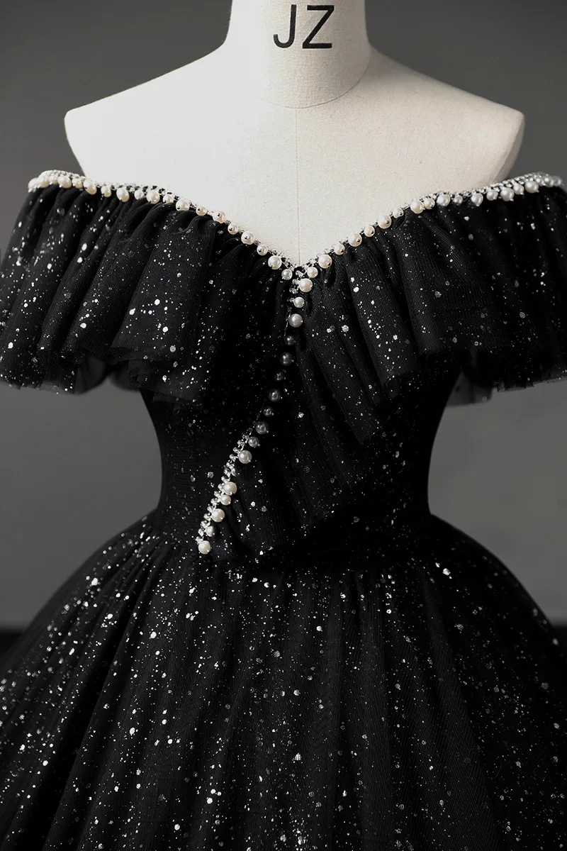 Black Ball Gown Simple Luxury Bling Shiny Quinceanera Dresses Classic Off The Shoulder Long Puffy Dress For Prom Customized