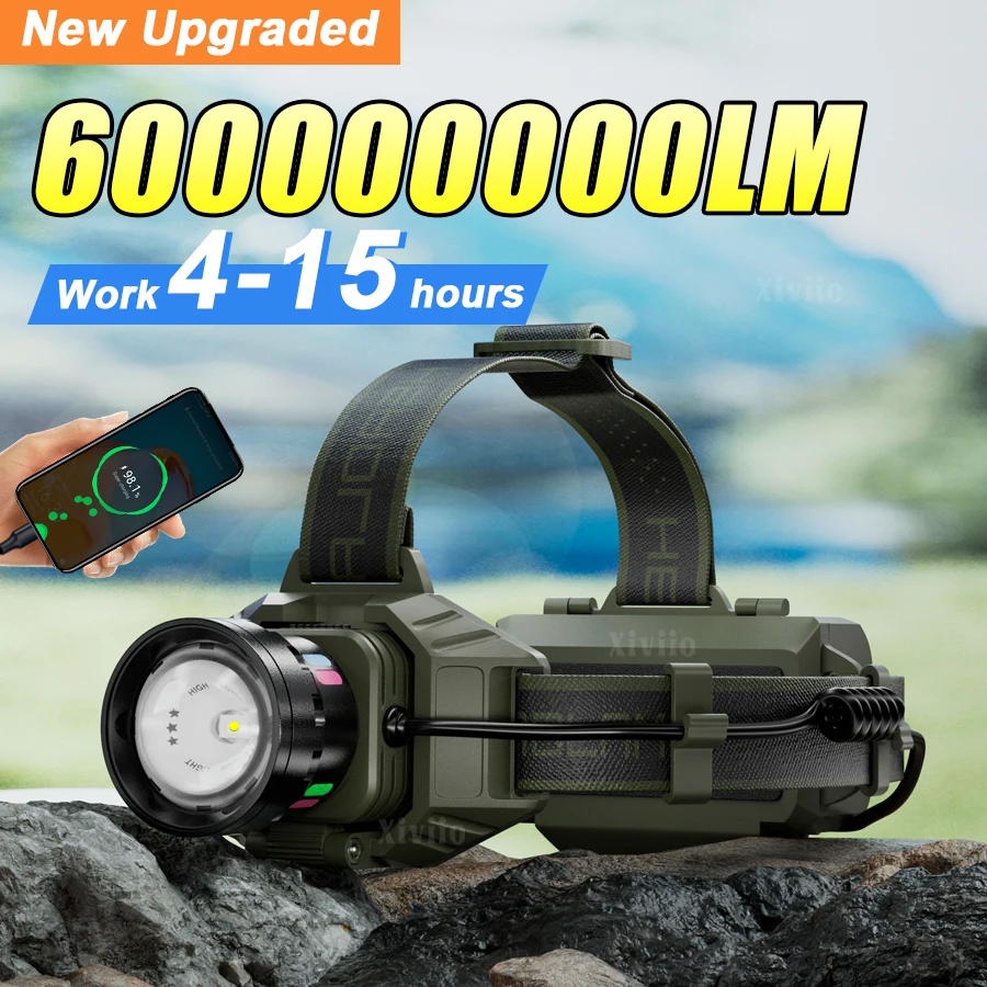 600000000LM Rechargeable Headlamp Super Bright LED Headlight With Tail Light Fishing Head Torch Aluminum Alloy Outdoor Lights