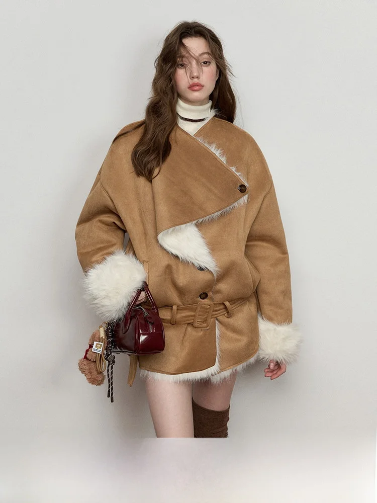 

Luamoss оригинальный дизайн осень зима новое теплое меховое кожаное интегрированное пальто женское асимметричное свободное длинное пальто све