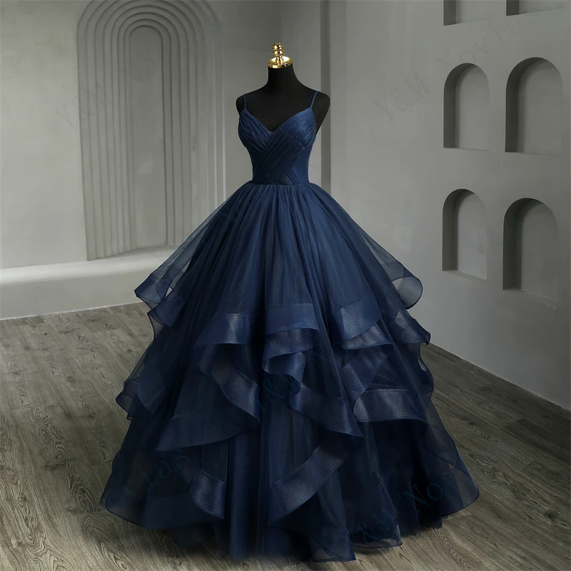 New Boho Navy Blue Quinceanera Dresses Ruffles V neck Spaghetti Straps Simple Party Sexy Princess Gown Vestidos De Quinseanera