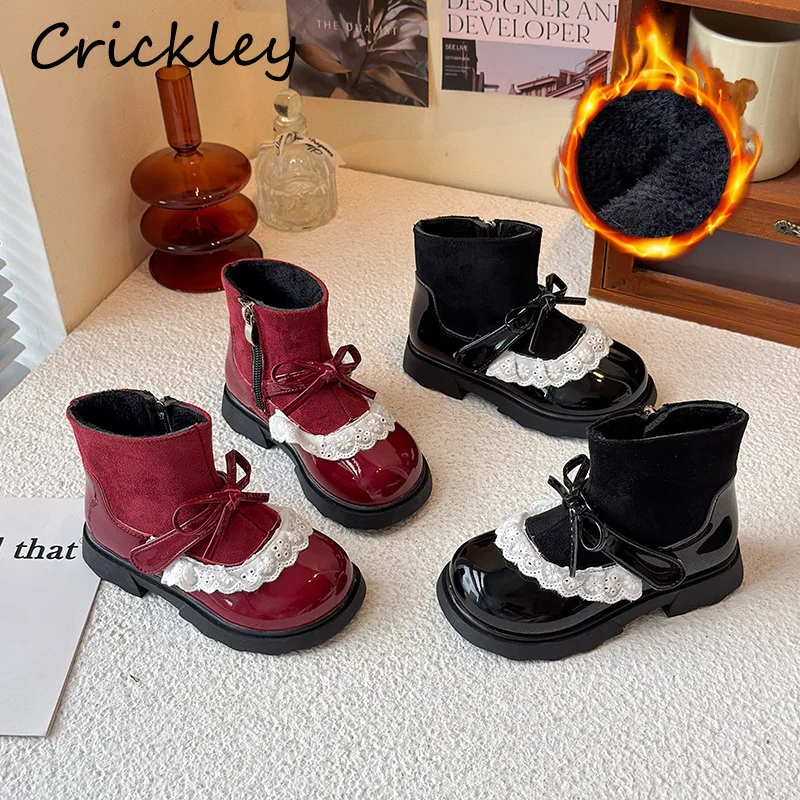 القوس الدانتيل الكشكشة الاطفال أحذية الموضة بولي Patchwork المرقعة البريدي الأميرة أحذية للفتيات الشتاء أفخم القطن الأطفال حذاء من الجلد