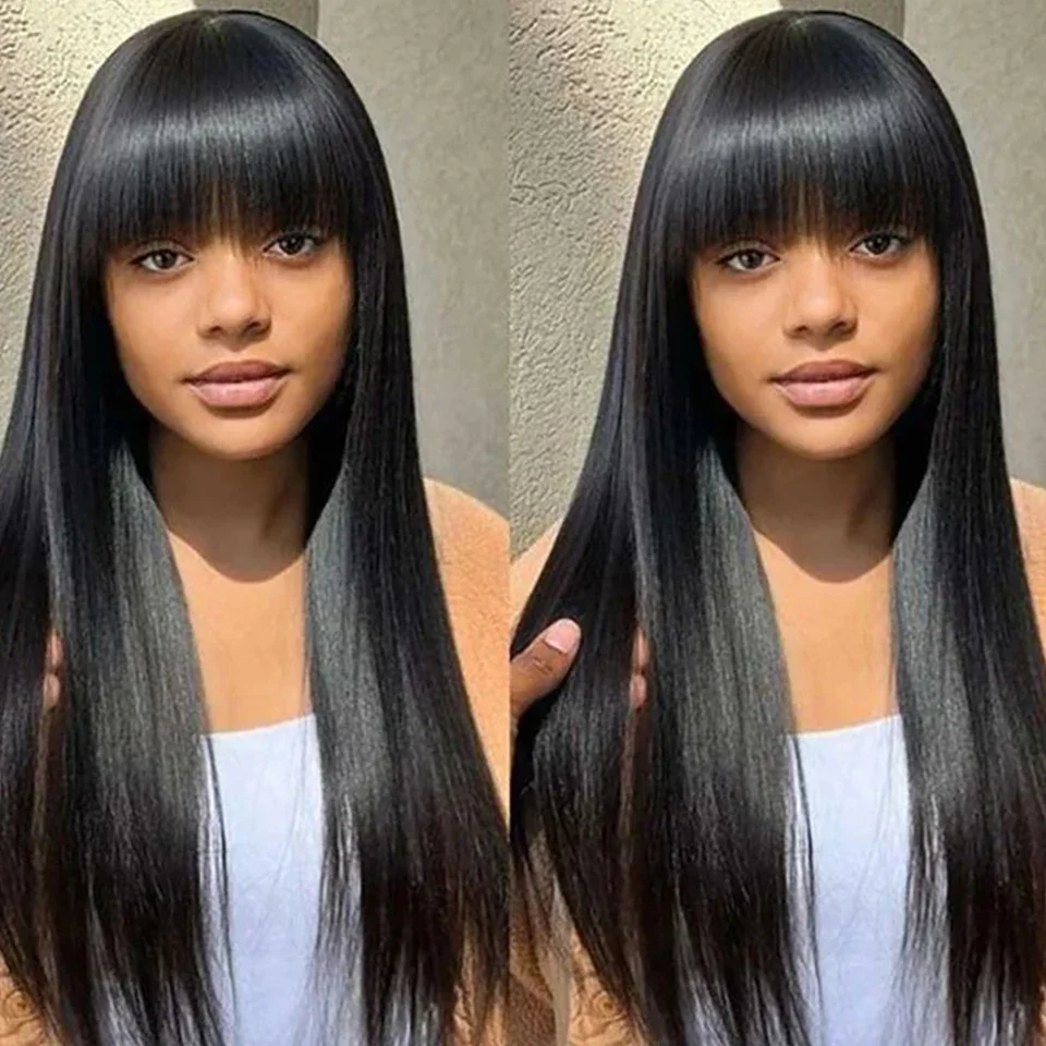 Brazilian Straight Human Hair Wigs With Bangs Natural Black Wear To Go 100% Remy Human Hair Wigs Full Machine Wig For Women