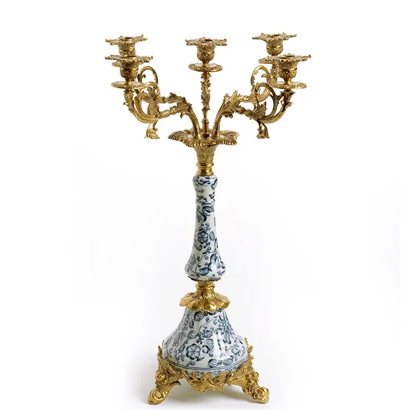 Retro palace luxury 5-head ceramic pure copper candlestick, villa model house jewelry home soft decoration ornament