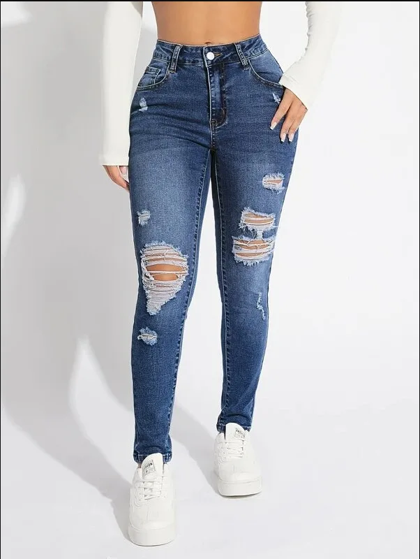 

Europe and The United States Women's Skinny Ripped Jeans Spring and Autumn New Fashion Casual High Waist Denim Small Leg Pants