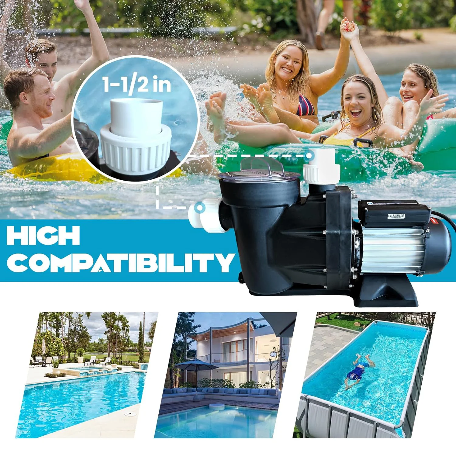 1.5HP 3.0HP Zwembad Pomp 220V Single Speed Pompen Bovengrondse Zelfaanzuigende Zwembad Pomp 1800W Krachtige koperen Motor