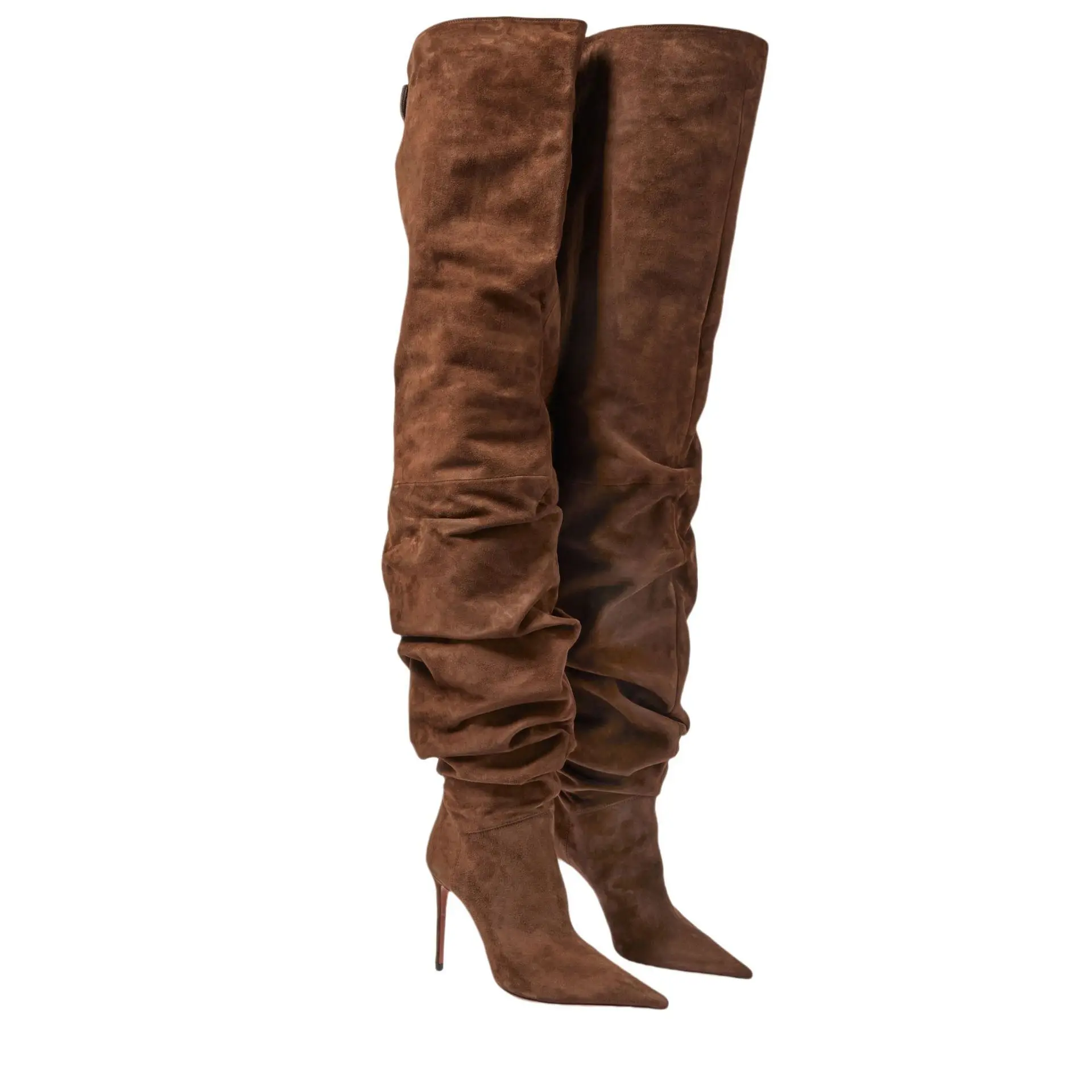 

Runway Pleated Women Long Crotch Boots Suede leather Thin High Heels Knee Boots Retro Brown Pointed Toe Designer Long Booties