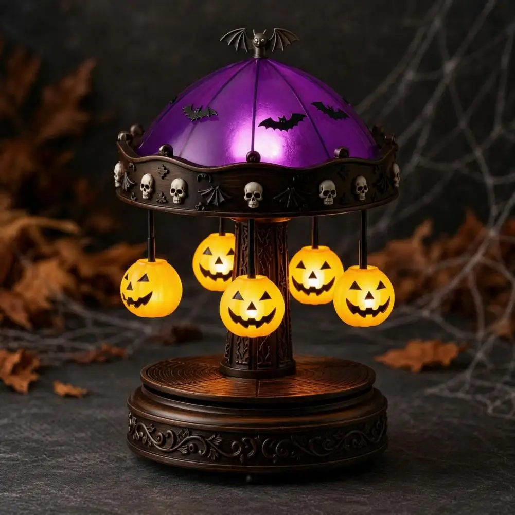 Halloween Tabletop Decor Rotating Ghost Lamp Ghost Carousel Light Halloween Night Lamp Spooky Stained Glass Shade with Floating