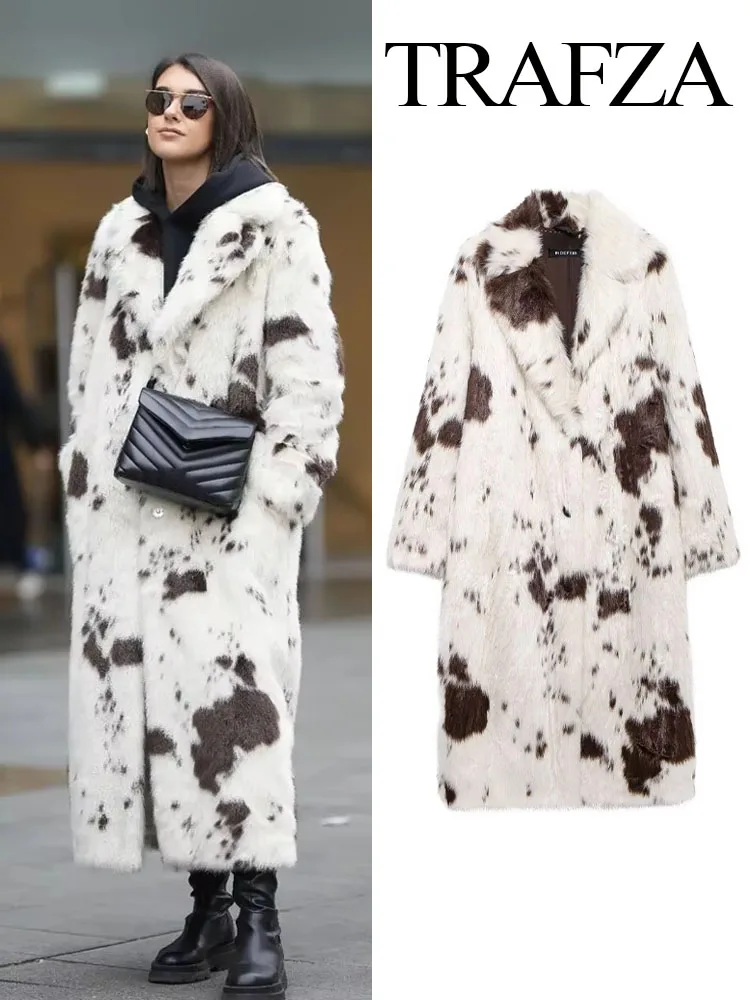 TRAFZA Women Winter Long Sleeve Lapel Single Breasted Jackets Female Fashion Warm Thick Casual Animal Print Faux Fur Long Coats