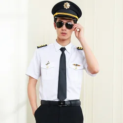 Pilot Uniform Shirt Piloto Avion Airline Shirts Hair Stylist Fashion Slim Fit White Workwear Flight Attendant Men Plus Size