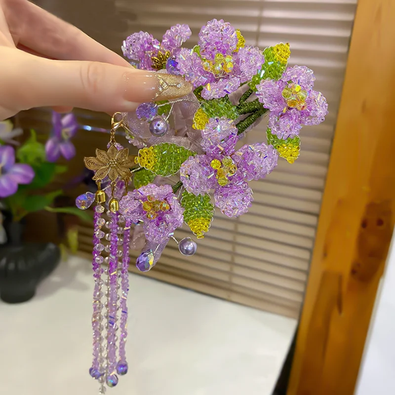 Handmade Purple Beaded Flower Hair Claw Clip Chinese Style Long Tassel Hair Grips Women Hanfu Wedding Banquet Hair Accessories