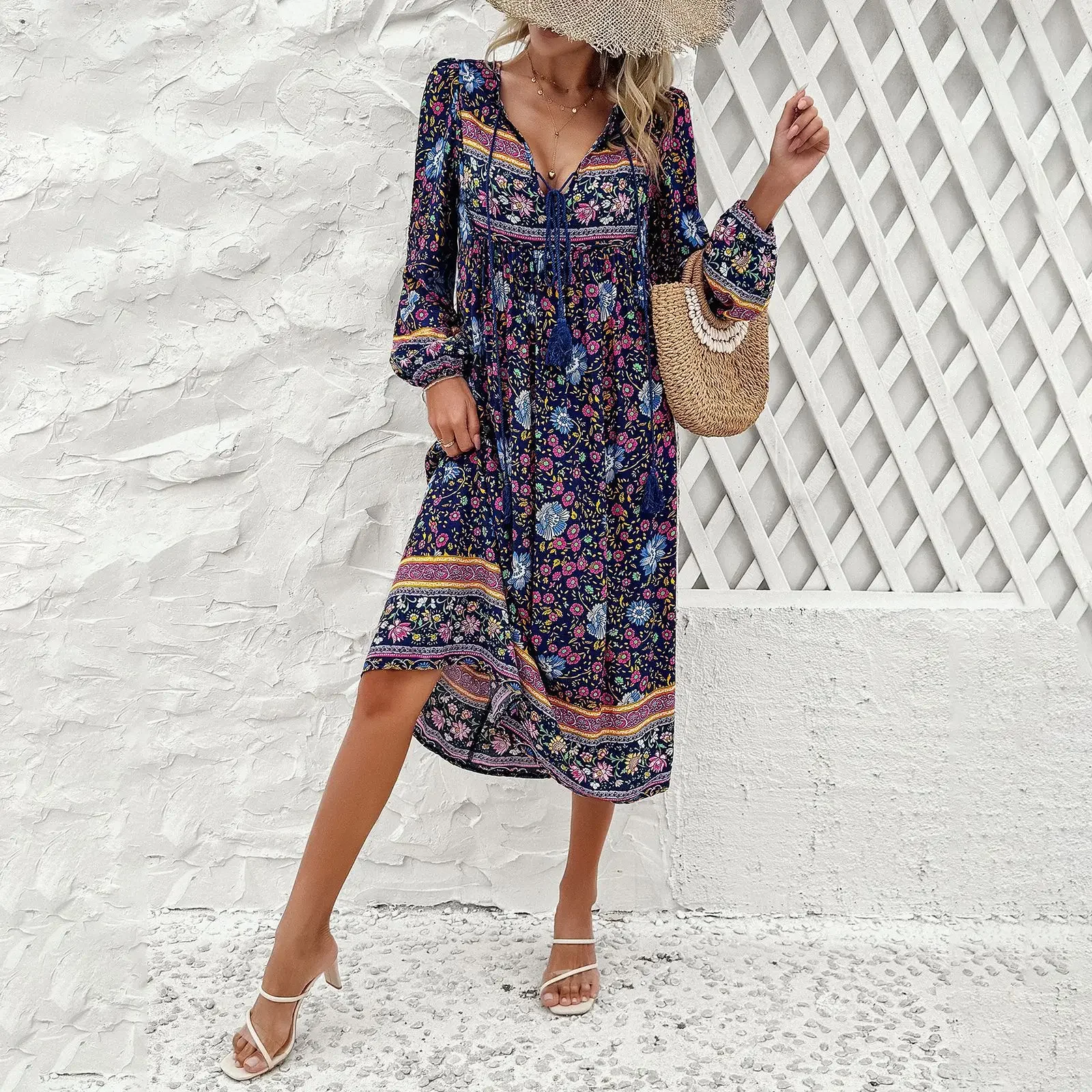 Women Boho Beach Dress Summer New Printed Lace Up Lady's Long Sleeve Dress Loose Holiday Beach Long Dress Vintage Maxi Dresses