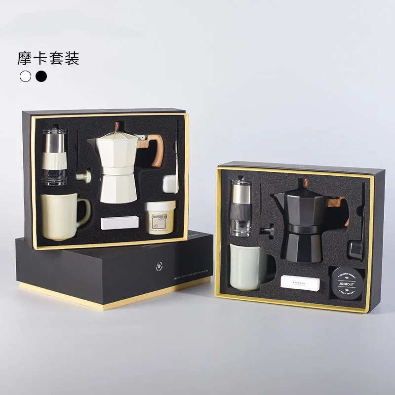 6-in-1 Moka Pot & Manual Grinder Coffee Set, Complete Barista Gift Box with Stovetop Espresso Maker