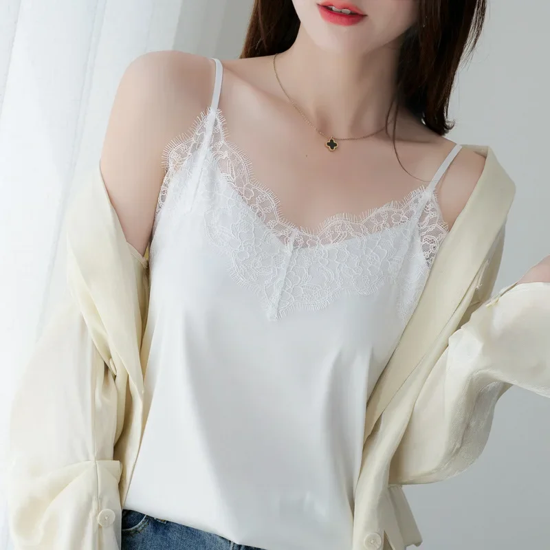 Summer Lace Silk Top Cami Spaghetti Strap Top Tank Ladies Tops White Camisole Basic Tops for Women