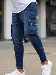 Jeans Heren Denim Cargo Broek Wassen Effen Kleur Multi Zakken Casual Mid Taille Broek Street Elasti Slim Fit Daily Wear Joggingbroek