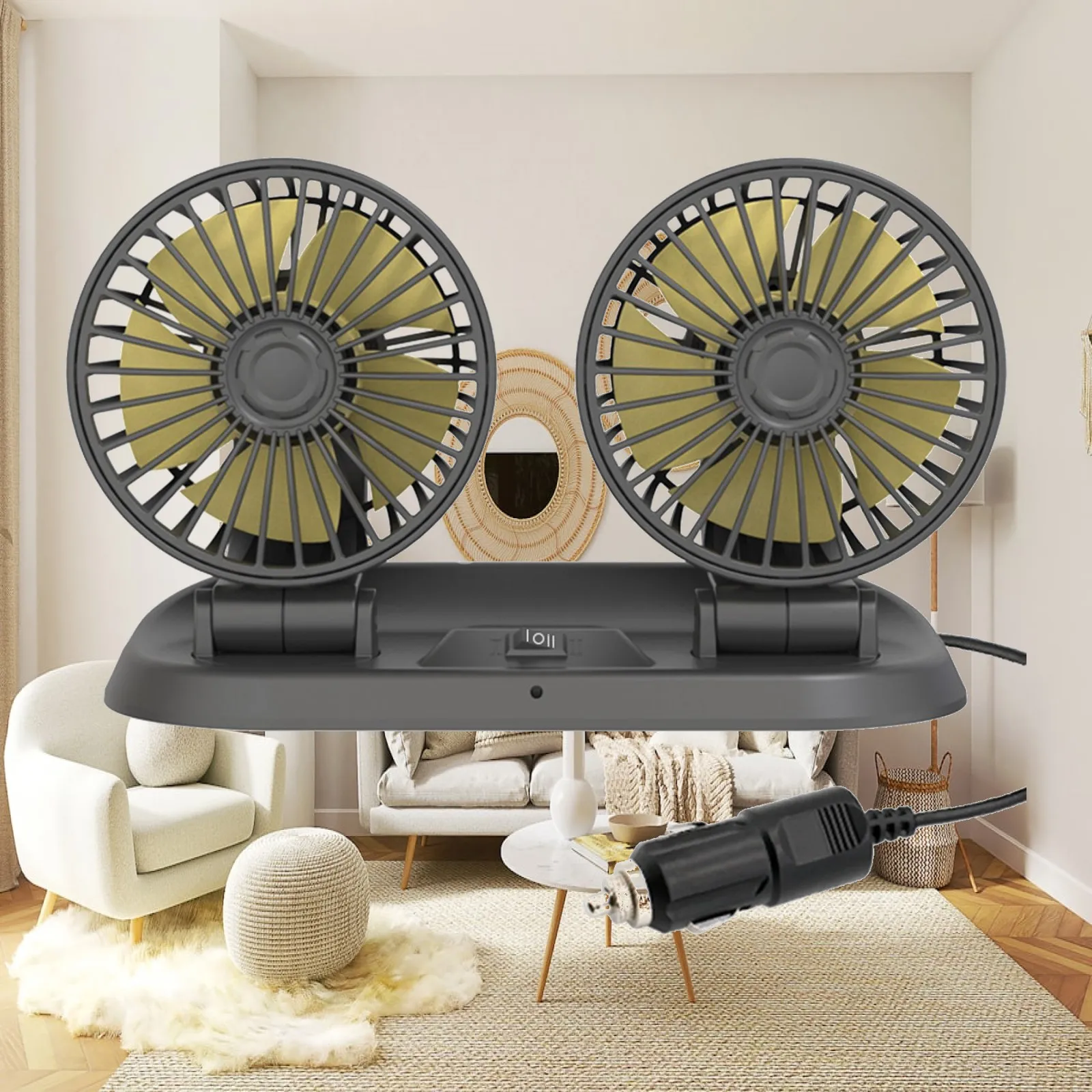 Rotating Dual Head Car Fan 2 Speed Dashboard Electric Air Cooler for Vehicle Interior Summer Auto Accessories