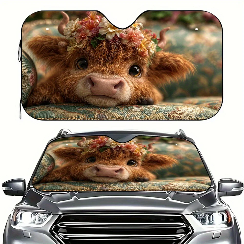 

1pc Cute Floral Cow Windshield Sunshade UV Protection Heat Reflective Car Cover with Cute Floral Cow Design