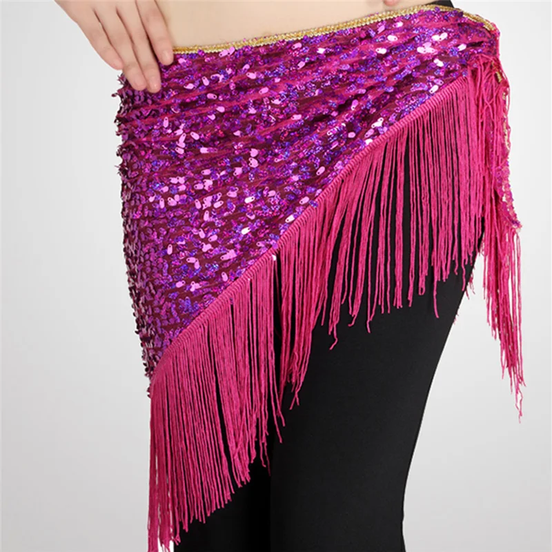 Women Sequins Belly Dance Hip Scarf Tassel Fringe Lesson Wear Practice Skirt Wrap Belt Dancewear Tribal Indain Stage Costume