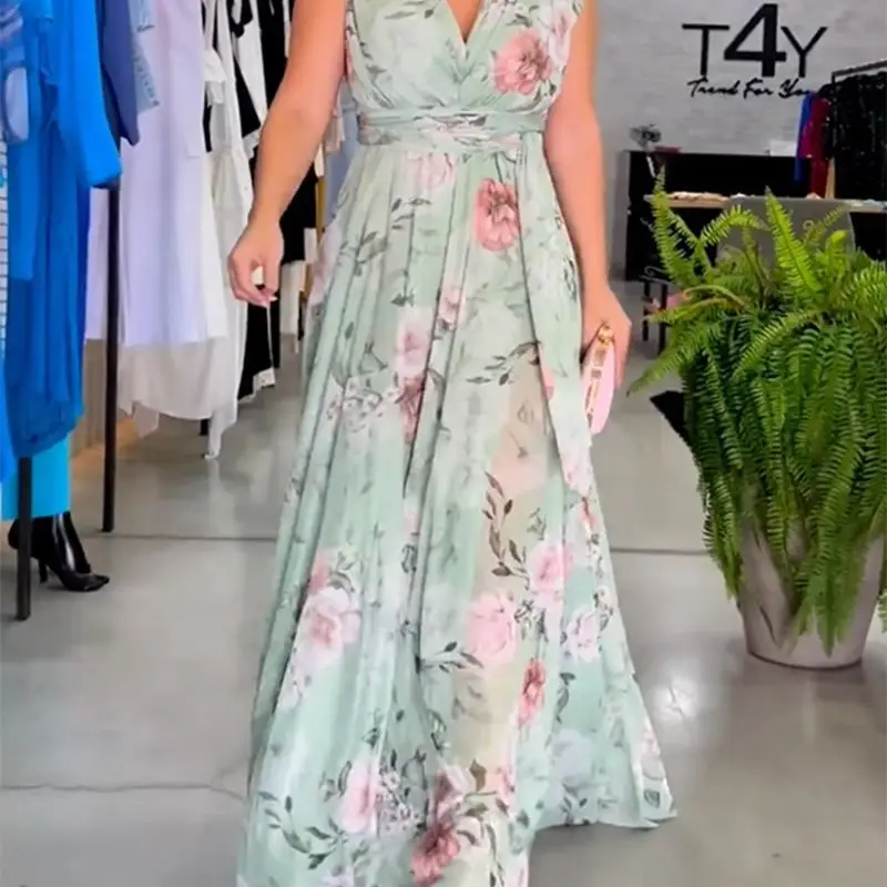 Novedades de verano de 2025: vestido de gasa estampado con hombros descubiertos y espalda descubierta