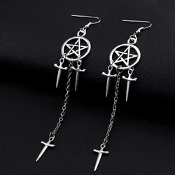 Pentagram Sword Earrings Silver Plated Hug Hoop Pendant Witch Jewelry Pagan Wikentaro Gothic Emo Women's Gift