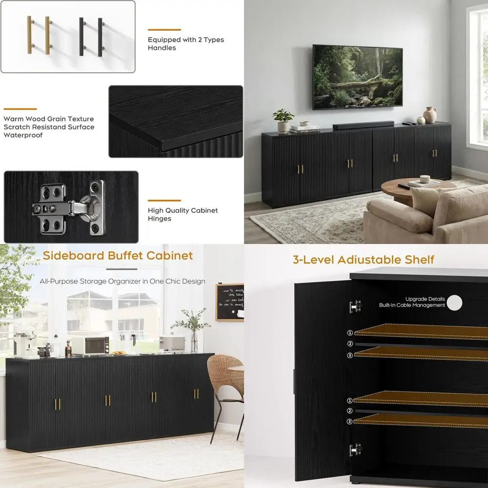 

94.6" Black luted Sideboard Buet Cabinet with Storage and 8 Do, Mordern Crza Storage Cabinet with Adjustable Shelves, Media ole