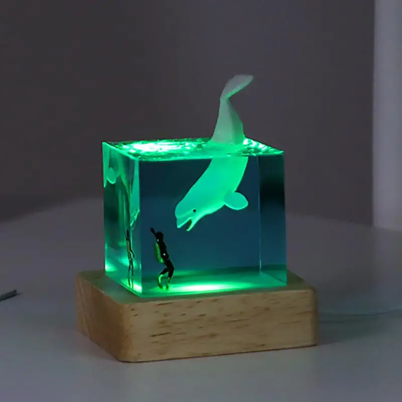 Marine Resin Whale Humpback Whale 5cm Cube Ornament Luminous Mini Night Light Birthday Gift Ornament Lamp Plug-in Novelty