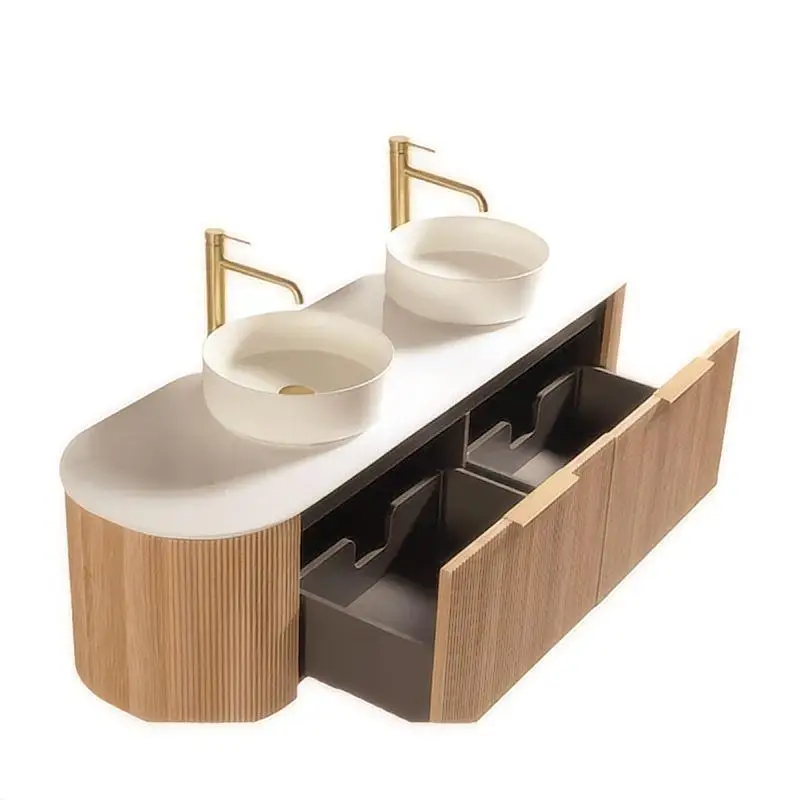 Luxury Modern Wood Painted Bathroom Cabinet with Grooved Front Container Sink Oval Smart Light Emitting Diode Mirror