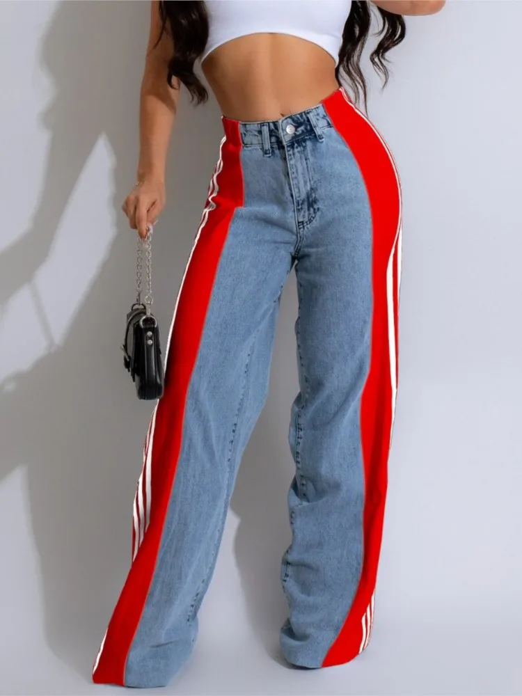 Splicing Three Stripes Summer Fashion Wide Leg Denim Pants Women's New Casual High Waist Elastic Straight Leg Pants