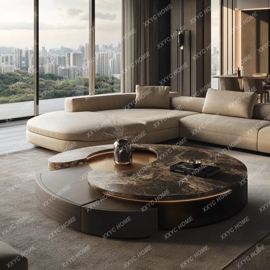 Light luxury natural marble coffee table high-end luxury villa living room light luxury atmosphere round coffee table