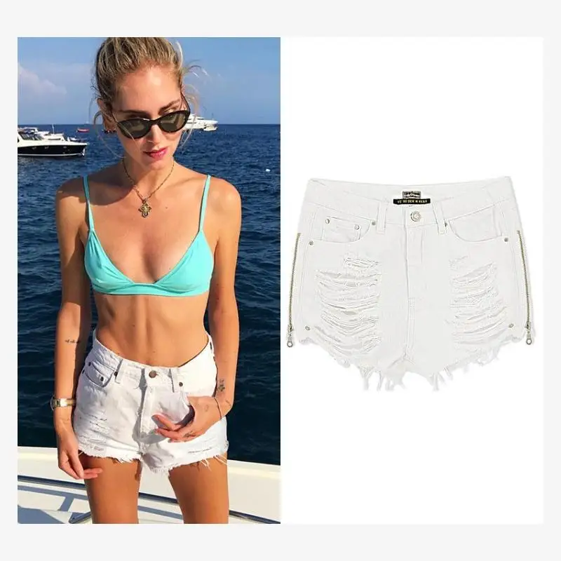 Sexy White Ripped Denim Shorts Side Zipper Pocketless High Waist Short Pants for Young Women Summer Season Regular Thickness