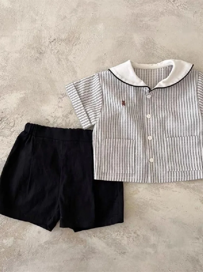 

Летний комплект из двух предметов из хлопка и льна для маленьких девочек, детская одежда темно-синего цвета, школьный orm Faion