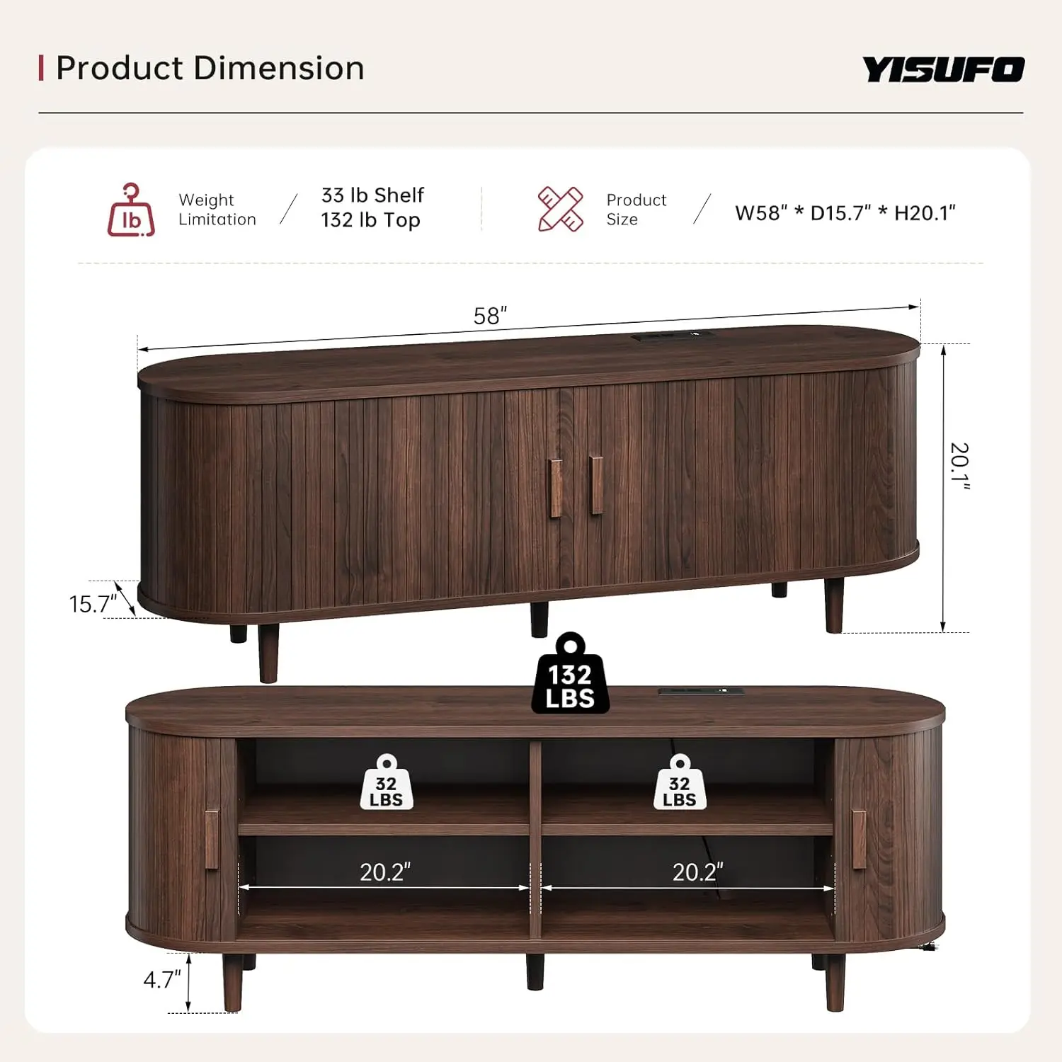 ตู้วางทีวี 58 นิ้ว พร้อมบานเลื่อน, ตู้วางทีวีสไตล์โมเดิร์นยุคกลาง พร้อมปลั๊กไฟและชั้นวางปรับระดับได้สำหรับทีวีขนาดไม่เกิน 65 นิ้ว, ลายร่อง