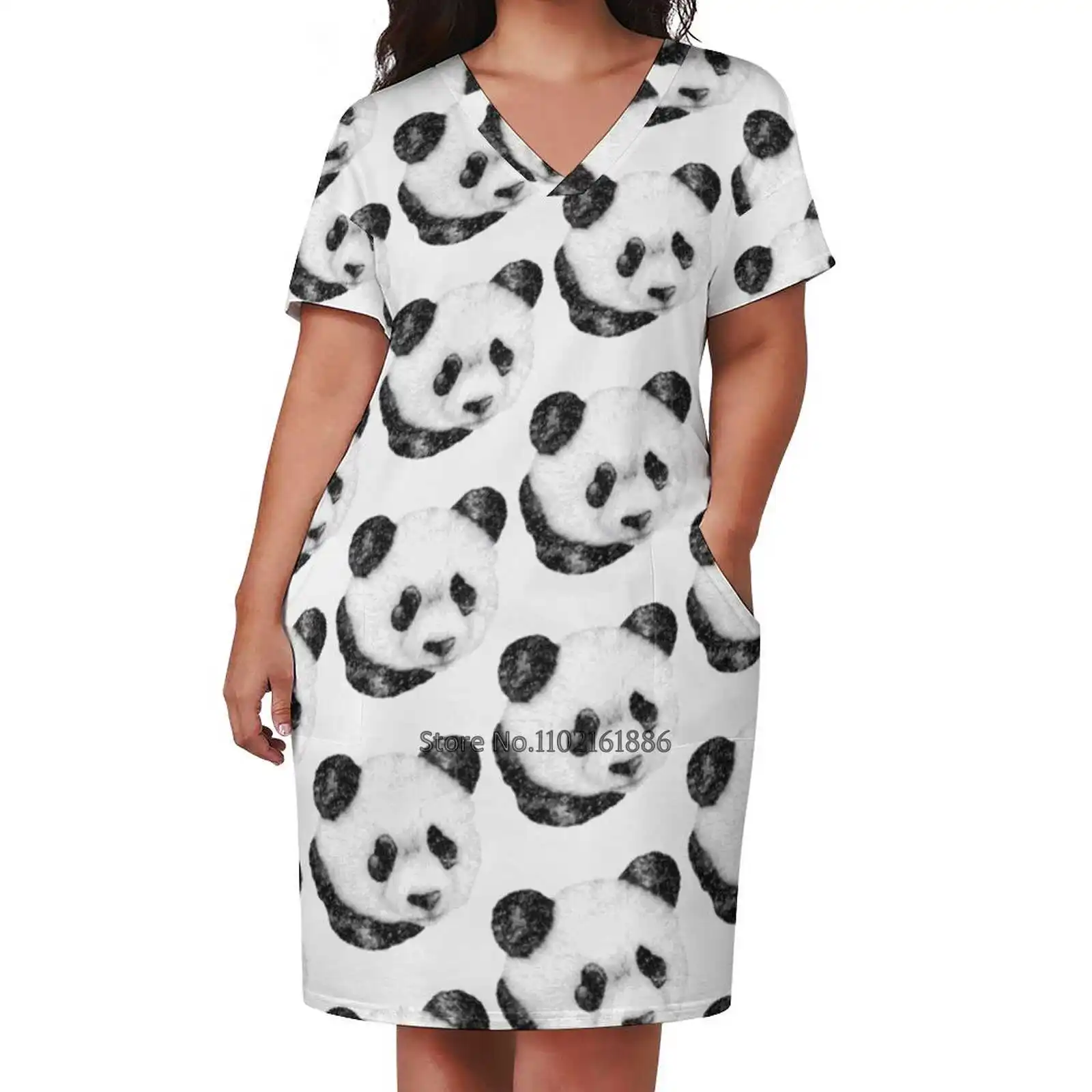 Cosmic Panda Square Neck Kleid Sommer Kleid Frauen Elegante Halfter Print Kleid Panda Bär Tier Wildlife Natur Surreal Stift Tinte