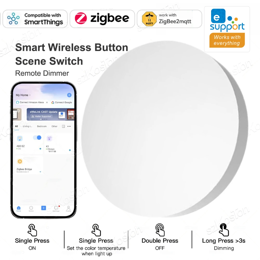 Ewelink App ZigBee Smart Scene Switch Push Button Include Battery Automation Wireless Remote Control for SmartThings Zigbee2MQTT