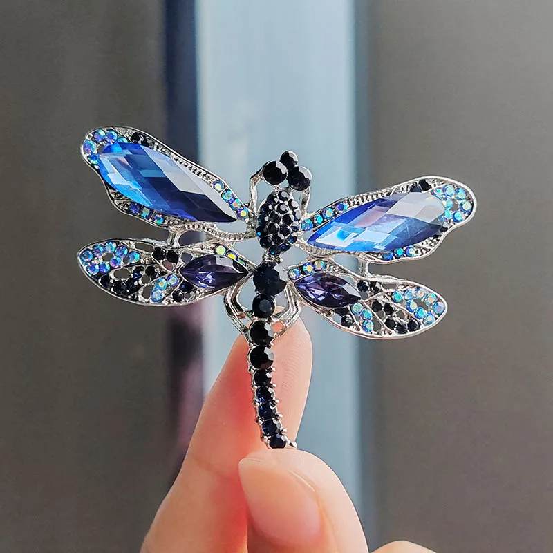 High Grade Blue Crystal Dragonfly Brooches for Women Men Rhinestone Insect Metal Pins Coat Suit Accessories Male Jewelry Gifts