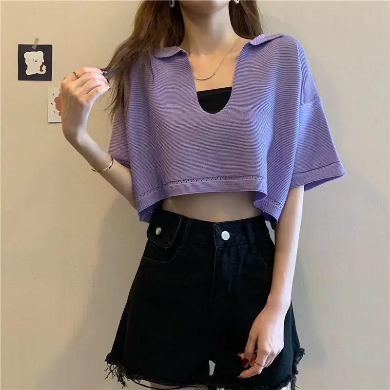 Women Summer Loose Thin Knit Short T Shirts Mini Black Slim Dress Two Piece Set 2024 Korean Lady Pink Crop Tops Camisole Outfits